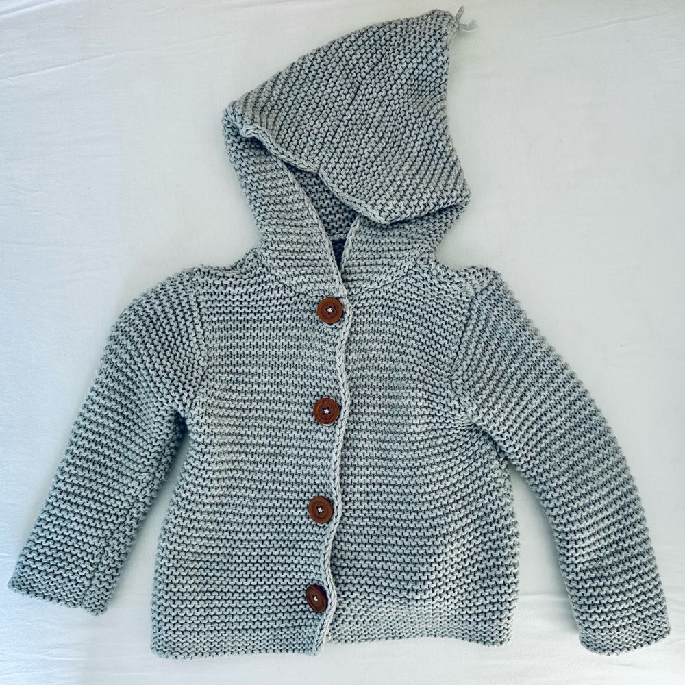 Knit Hooded Organic Cotton Baby Cardigan Sweater with Wooden Buttons Elf Style